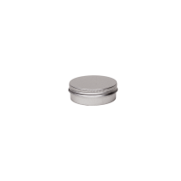 Boîte ronde en aluminium avec couvercle à vis et cache en EPE (± 35 ml).