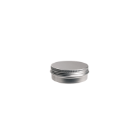 Boîte ronde en aluminium avec couvercle à vis et cache en EPE (± 30 ml).