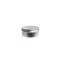 Boîte ronde en aluminium avec couvercle à vis et cache en EPE (± 60 ml).